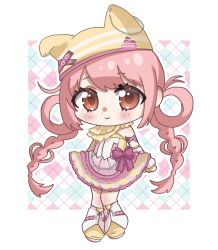  1girl animal_ear_headwear animal_ear_piercing animal_ears apron argyle_background arm_belt arm_warmers armband bare_shoulders beanie belt belt_buckle belted_leg_warmers border bow braid brown_eyes buckle capelet cat_ears chain chain_belt chain_earrings chibi closed_mouth commentary dot_nose dress english_commentary eyelashes fake_animal_ears frilled_dress frills hair_rings happy hat heart heart-shaped_hair heart_in_eye highres lace-trimmed_apron lace-trimmed_dress lace_trim leg_warmers light_blush long_hair low_twin_braids medium_dress nikki_(nikki) nikki_(series) nonoberry22 one_ear_down outline outside_border pink_apron pink_armband pink_belt pink_bow pink_hair shining_nikki shoes smile solo standing strapless strapless_dress striped_clothes striped_dress striped_headwear symbol_in_eye torn_clothes torn_hat twin_braids veil vertical-striped_capelet vertical-striped_clothes vertical-striped_dress very_long_hair waist_apron waist_bow white_arm_warmers white_background white_border white_leg_warmers white_outline white_veil yellow_capelet yellow_dress yellow_hat yellow_shoes 