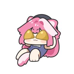  1girl animal_ears bikini bikini_top_on_head bikini_top_only chibi commentary hololive hololive_english long_hair panther_ears panther_girl pink_hair raora_panthera swimsuit underdatv virtual_youtuber 