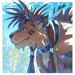 1boy body_markings closed_mouth commentary english_commentary facial_mark feather_hair_ornament feathers final_fantasy final_fantasy_vii furry furry_male hair_ornament highres looking_to_the_side red_fur red_hair red_xiii roman_numeral second-party_source tocino_(gachimuchino) water_drop whiskers 