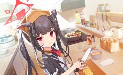  1girl apron ascot bandana black_dress black_hair blue_archive blunt_bangs blurry blurry_background blush bottle bowl bread closed_mouth cooking cutting cutting_board demon_horns dress egg food from_above frying_pan fuuka_(blue_archive) game_asset hair_on_horn halo headscarf highres holding holding_knife horns indoors kitchen kitchen_knife knife long_hair looking_at_viewer necktie non-web_source official_art omelet orange_necktie red_ascot red_eyes red_halo rice_cooker self-datamine sleeve_rolled_up smile solo spatula standing tamagoyaki tile_wall tiles toaster twintails upper_body white_apron yellow_headscarf yutokamizu 