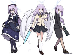  3girls angel angel_beats! angel_wings arm_at_side ascot atsuko_(blue_archive) black_bow black_dress black_pantyhose black_shoes black_skirt blue_archive blush bow brown_shoes closed_mouth collared_shirt commentary_request cosplay dress eyes_visible_through_hair feathered_wings feathers fighting_stance floating_hair footwear_bow frilled_dress frilled_skirt frills full_body gokou_ruri gokou_ruri_(cosplay) gothic_lolita gun hair_between_eyes halo hanazawa_kana hand_sonic hand_up highres holding holding_gun holding_own_dress holding_weapon jacket kneehighs loafers lolita_fashion long_hair long_sleeves looking_at_viewer low_ponytail making-of_available mary_janes miniskirt multiple_girls multiple_persona neck_ribbon ore_no_imouto_ga_konna_ni_kawaii_wake_ga_nai pantyhose parted_lips pencil_skirt pleated_skirt ponytail psycho-pass purple_hair red_eyes ribbon sanmon_illus school_uniform shirt shoes sidelocks simple_background skirt sleeve_bow smile socks split_mouth standing tachibana_kanade tachibana_kanade_(cosplay) tsunemori_akane tsunemori_akane_(cosplay) twitter_username very_long_hair voice_actor_connection weapon white_ascot white_background white_feathers white_halo white_shirt white_socks white_wings wings yellow_jacket yellow_ribbon 
