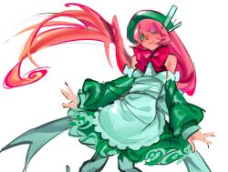  1girl apron bow dress green_dress green_eyes green_hat green_sleeves hair_ornament hairclip hat highres jarofroaches7 momone_momo pink_hair red_bow sleeve_bow smile utau white_apron white_background 