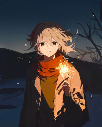  1boy absurdres arm_at_side bilingual_commentary brown_coat brown_hair brown_shirt closed_mouth coat commentary english_commentary fireworks genshin_impact hair_between_eyes hand_up highres holding holding_fireworks kaedehara_kazuha long_bangs long_sleeves looking_at_viewer male_focus mixed-language_commentary night open_clothes open_coat outdoors red_eyes red_scarf scarf shirt short_hair solo sparkler split_mouth upper_body user_wwhu5823 