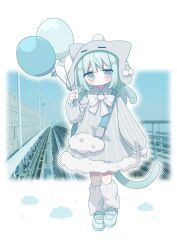  1girl animal_ears bag balloon bow cat_ears cat_girl cat_tail closed_mouth commentary dress full_body grey_eyes hair_ornament hairclip highres holding holding_balloon long_hair long_sleeves looking_at_viewer loose_socks nakkar original shoes socks solo standing striped_clothes striped_dress tail untranslatable_commentary vertical-striped_clothes 