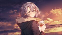  1girl breasts clouds cloudy_sky drink game_asset hair_between_eyes happiness_double_room highres holding holding_drink jacket long_hair looking_at_viewer looking_back minami_(happiness_double_room) non-web_source official_art open_clothes open_jacket outdoors parted_lips purple_hair s.u._(simpleu818) self-datamine sky solo sunset variant_set violet_eyes water 