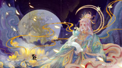  1girl absurdres animal aqua_robe black_sky bracer castle chinese_commentary closed_mouth commentary_request crescent_halo eyeshadow feet_out_of_frame flower forehead forehead_jewel full_moon hair_bun hair_flower hair_ornament half_updo halo halo_behind_head happy high_collar highres light_blush lipstick long_hair long_sidelocks long_sleeves looking_ahead lotus makeup mg_miange moon moonset_(shining_nikki) mountain night nikki_(nikki) nikki_(series) nostrils official_alternate_color outdoors peacock_feathers petals pink_eyeshadow pink_hair red_lips robe shadow shining_nikki sidelocks single_hair_bun sitting sky sleeves_past_wrists smile smoke solo star_(sky) starry_sky watermark weibo_watermark white_rabbit_(animal) wide_sleeves xiangyun yellow_eyes yellow_flower yellow_halo yellow_hanfu 