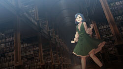  1girl blue_hair blush bookshelf commentary_request dress green_dress highres idolmaster idolmaster_million_live! indoors library liselsia long_sleeves nanao_yuriko open_mouth pinstripe_dress pinstripe_pattern shirt short_hair smile solo standing white_shirt yellow_eyes 