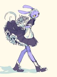  1boy absurdres apron arms_behind_back black_dress black_shoes bouquet chazix colored_sclera colored_teeth crossdressing crossdressing_(mtf) dress eyelashes flower frilled_dress frilled_sleeves frills full_body furry furry_male gloves highres holding holding_behind_back holding_bouquet jax_(the_amazing_digital_circus) looking_to_the_side maid maid_headdress male_focus official_alternate_costume parted_lips puffy_short_sleeves puffy_sleeves purple_fur rabbit_boy shadow shoes short_sleeves simple_background socks solo standing the_amazing_digital_circus waist_apron white_apron white_flower white_gloves white_socks yellow_background yellow_sclera yellow_teeth 