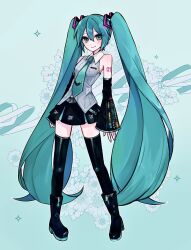  1girl absurdly_long_hair aqua_belt aqua_eyes aqua_hair aqua_nails aqua_necktie aqua_trim arm_tattoo belt black_boots black_skirt black_sleeves black_thighhighs blush boots breasts closed_mouth collared_shirt commentary_request commission contrapposto contrast_collar detached_sleeves dot_nose floral_background full_body green_background grey_shirt hair_between_eyes hair_ornament hatsune_miku hatsune_miku_(vocaloid6) heart heart_hair_ornament highres long_hair looking_at_viewer miniskirt nail_polish necktie nekokan_(awao_o) number_tattoo shirt sidelocks skeb_commission skirt sleeveless sleeveless_shirt sleeves_past_wrists small_breasts smile solo standing striped_clothes striped_shirt tattoo thigh-highs tie_clip twintails untucked_shirt vertical-striped_clothes vertical-striped_shirt very_long_hair vocaloid wing_collar zettai_ryouiki 
