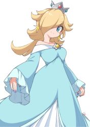  1girl bare_shoulders blonde_hair blue_dress blue_eyes breasts brooch closed_mouth commentary crown dress earrings english_commentary eyelashes fun_bo hair_over_one_eye highres jewelry long_hair long_sleeves looking_at_viewer medium_breasts no_nose off-shoulder_dress off_shoulder purple_nails rosalina sleeves_past_wrists smile solo star_(symbol) star_brooch star_earrings super_mario_bros. white_background 