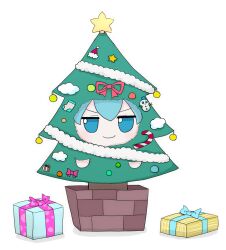  1girl azuma_meri blue_eyes blue_hair box chibi chibi_only christmas christmas_tree cirno closed_mouth commentary_request double-parted_bangs fumo_(doll) gift gift_box hair_between_eyes highres in_tree looking_at_viewer simple_background smile solo star_(symbol) touhou tree white_background 