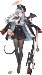  1girl arm_at_side armband bag black_coat black_hat black_necktie black_pantyhose black_shoes black_skirt black_wings blue_archive blush bow braid breasts buttons center_frills closed_mouth coat coat_on_shoulders collared_shirt covered_navel demon_girl demon_tail demon_wings elbow_carry embarrassed food food_charm frills full_body game_asset grey_hair gun h&amp;k_psg1 hair_bow half-closed_eyes halo hand_in_own_hair hand_up handbag haruna_(blue_archive) hat hat_ribbon head_tilt high-waist_skirt high_heels highres large_variant_set legs long_hair long_sleeves looking_at_viewer medal medium_breasts multicolored_hair necktie nervous nervous_smile nervous_sweating nose_blush official_art orange_halo pantyhose peaked_cap piercing pumps red_eyes ribbon rifle scope shirt shirt_tucked_in shoes short_necktie sidelocks simple_background single_braided_sidelock skirt smile sniper_rifle solo standing star_(symbol) striped_ribbon sweat tachi-e tail taiyaki thighs third-party_source tie_clip toe_cleavage transparent_background two-sided_coat two-sided_fabric variant_set wagashi weapon white_shirt whoisshe wing_ornament wing_piercing wings 