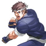  1boy blue_eyes brown_hair bust fighting_stance fingerless_gloves gakuran gloves headband king_of_fighters king_of_fighters_xi muscle open_mouth school_uniform short_hair sleeves_rolled_up solo takoyaki_neko-san yabuki_shingo 