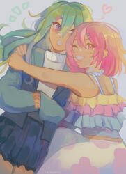  2girls absurdres black_skirt commentary cyraphres english_commentary frills green_hair hair_ornament hairclip hands_on_another's_shoulder heart highres jacket kusanagi_nene long_hair multiple_girls one_eye_closed ootori_emu pink_eyes pink_hair project_sekai short_hair signature skirt smile sweater white_sweater 