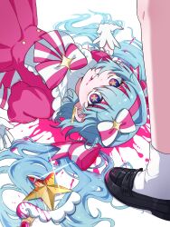  1girl 1other aqua_hair black_shoes blood bow bowtie commentary_request dress gloves hatsune_miku highres ima_sugu_rinne_(vocaloid) loafers long_hair looking_at_viewer lying mage_staff magical_girl mantenhyaku100 on_back parted_lips pink_bow pink_bowtie pink_dress puffy_sleeves shoes socks staff star-shaped_pupils star_(symbol) striped_bow striped_bowtie striped_clothes symbol-shaped_pupils two-tone_bow two-tone_bowtie vocaloid white_bow white_bowtie white_gloves white_socks 