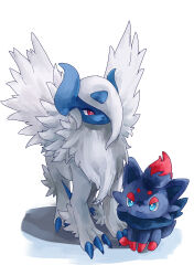  absol absurdres blue_eyes bright_pupils claws closed_mouth commentary_request feathered_wings hair_over_one_eye highres horns i_my_mo55 mega_absol mega_pokemon no_humans pokemon pokemon_(creature) pokemon_focus red_eyes simple_background sitting smile standing white_background white_pupils wings zorua 