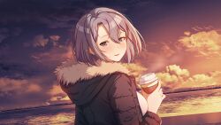  1girl breasts clouds cloudy_sky drink game_asset hair_between_eyes happiness_double_room highres holding holding_drink jacket long_hair looking_at_viewer looking_back minami_(happiness_double_room) non-web_source official_art open_clothes open_jacket outdoors parted_lips purple_hair s.u._(simpleu818) self-datamine sky smile solo sunset variant_set violet_eyes water 