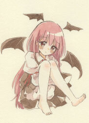  1girl absurdres barefoot black_vest bloomers blush collared_shirt commentary demon_wings head_wings highres hugging_own_legs koakuma long_hair long_sleeves looking_at_viewer painting_(medium) red_eyes red_hair shirt simple_background skirt skirt_set soles solo toes touhou traditional_media vest watercolor_(medium) white_bloomers white_shirt wings zeppachi 