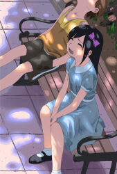  1boy 1girl ^_^ absurdres aubrey_(faraway)_(omori) aubrey_(omori) bench black_hair black_shoes black_shorts blue_dress bow closed_eyes commentary_request crying dappled_sunlight day dress hair_bow hands_in_pockets highres kel_(faraway)_(omori) kel_(omori) kunikida_kunio omori open_mouth outdoors pink_bow puffy_short_sleeves puffy_sleeves shirt shoes short_sleeves shorts sleeveless sleeveless_shirt socks streaming_tears sunlight tears tile_floor tiles white_socks yellow_shirt 