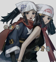  2girls akari_(pokemon) beanie black_hair blush bracelet chimchar commentary_request cyndaquil eyelashes galaxy_team_survey_corps_uniform hair_ornament hairclip hat headscarf hikari_(pokemon) jewelry looking_at_viewer multiple_girls open_mouth oshawott piplup pokemon pokemon_diamond/pearl/platinum pokemon_legends:_arceus ponytail red_scarf rowlet scarf sekaiitinoki sidelocks sleeveless smile starter_pokemon_trio teeth time_paradox tongue turtwig white_hat white_headscarf 