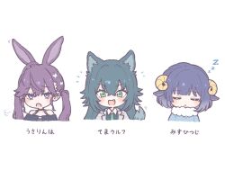  3girls animal_ears blue_eyes blue_hair chibi commentary_request fang gakuen_idolmaster green_eyes green_hair hataya_misuzu idolmaster irismonth_02 kaya_rinha long_hair looking_at_viewer multiple_girls purple_hair rabbit_ears simple_background sleeping syngup!_(idolmaster) tail tsukimura_temari twintails white_background wolf_ears wolf_tail zzz 