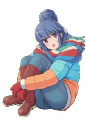  1girl blue_background blue_hair blue_jacket blue_pants blue_scarf boots brown_boots brown_scarf commentary_request curled_up denim down_jacket full_body gloves green_scarf hair_bun highres huge_hair_bun hugging_own_legs jacket jeans knee_boots knees_up looking_at_viewer matebashi multicolored_jacket multicolored_scarf open_mouth orange_jacket pants pinecone red_gloves red_scarf scarf shima_rin single_hair_bun sitting solo striped_clothes striped_scarf two-tone_jacket violet_eyes white_background yurucamp 