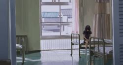  1girl bed black_hair commentary curtains day faceless faceless_female floor hair_ornament highres hospital_bed indoors iwakura_lain own_hands_together radiator reflective_floor scenery serial_experiments_lain shirt short_sleeves shorts sitting slice_of_life socks solo virginmedium wide_shot window x_hair_ornament 