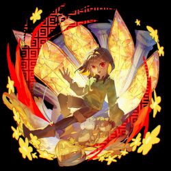  1other asriel_dreemurr black_background black_boots black_pantyhose black_shirt boots brown_shorts chara_(undertale) collared_shirt commentary_request damage_numbers delta_rune_(symbol) flower green_sweater heart highres open_mouth other_focus pantyhose pantyhose_under_shorts punurinchos red_eyes shirt shorts smile stained_glass sweater undertale utdr_(toby_fox) window yellow_flower 