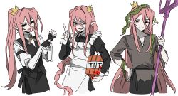  1boy absurdres alternate_costume androgynous animification apron bishounen black_apron black_dress black_gloves black_vest block_(minecraft) blood blood_on_face braid brown_tunic butler cosplay crossdressing crossdressing_(mtf) crown dress drowned_(minecraft) drowned_(minecraft)_(cosplay) enmaided explosive fingerless_gloves gloves gold_crown hair_between_eyes hair_down hand_on_own_hip highres holding holding_polearm holding_weapon humanization juliet_sleeves long_hair long_sleeves looking_at_viewer low-braided_long_hair low-tied_long_hair maid male_focus male_maid meme minecraft minecraft_youtube mini_crown multiple_views open_mouth pink_hair pointed_crown pointy_ears polearm ponytail puffy_sleeves qu_le_hua_yuan_yuan_zhu_min red_eyes seaweed shirt simple_background single_braid technoblade technomaid_(meme) tnt tnt_block_(minecraft) trap tunic vest waist_apron weapon white_apron white_background white_shirt 