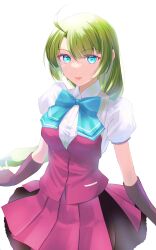  1girl absurdres ahoge aqua_bow aqua_bowtie black_gloves blue_eyes bow bowtie braid collared_shirt commentary_request dress_shirt fingerless_gloves gloves green_hair highres kantai_collection layered_skirt long_hair mole mole_under_mouth official_alternate_costume purple_skirt purple_vest revision shirt single_braid skirt solo summer_uniform tsukasa_(tukasa_br) vest white_shirt yuugumo_(kancolle) yuugumo_kai_ni_(kancolle) 