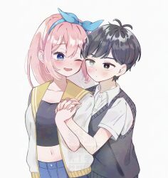  1boy 1girl antenna_hair aubrey_(faraway)_(omori) aubrey_(omori) black_eyes black_hair black_sweater_vest blue_eyes blue_hairband blue_skirt blush bright_pupils collarbone collared_shirt commentary_request crop_top denim denim_skirt grey_background grey_eyes hair_behind_ear hairband haruyama_sub hetero heterochromia highres holding_hands jacket long_hair looking_at_another navel omori one_eye_closed open_clothes open_jacket open_mouth pink_hair shirt short-sleeved_jacket short_hair short_sleeves sidelocks simple_background skirt smile spoilers sunny_(omori) sweater_vest white_jacket white_pupils white_shirt 