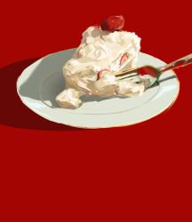  aritsuno cake commentary_request cream food food_focus fork fruit no_humans original plate red_background simple_background still_life strawberry 