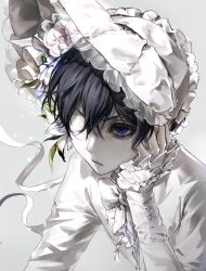  1boy aristocratic_clothes bishounen blue_eyes blue_hair bonnet bow bowtie ciel_phantomhive commentary_request dhktlq expressionless eyepatch flower frilled_bonnet frilled_sleeves frills grey_background hair_between_eyes hand_on_own_face hat hat_flower head_rest highres korean_commentary kuroshitsuji long_sleeves looking_afar male_focus pale_skin ribbon shirt short_hair simple_background solo upper_body white_bonnet white_bow white_bowtie white_ribbon white_shirt 