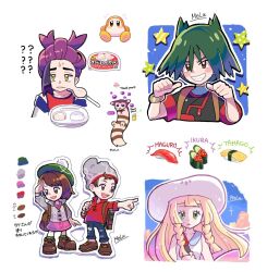  2girls 3boys :d beanie blonde_hair bracelet brown_eyes brown_hair brown_shoes cardigan cheek_pull chibi commentary_request dress eyelashes food furret gloria_(pokemon) green_eyes green_hair green_hat grey_cardigan grey_hat grin hair_between_eyes hands_up hat highres jacket jewelry kieran_(pokemon) lillie_(pokemon) loose_hair_strand meeee_hitsuji multiple_boys multiple_girls open_mouth pants pointing pokemon pokemon_(anime) pokemon_horizons pokemon_scarlet_and_violet pokemon_sun_and_moon pokemon_sword_and_shield purple_hair red_shirt shirt shoes short_sleeves smile star_(symbol) sun_hat sushi sweat tam_o'_shanter teeth translation_request ult_(pokemon) upper_teeth_only victor_(pokemon) white_hat white_jacket yellow_eyes 