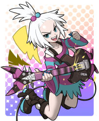  1girl bass_guitar bike_shorts blue_eyes boots bra_strap commentary dress english_commentary forehead freckles hair_bobbles hair_ornament highres instrument lightning_bolt_symbol looking_at_viewer multicolored_hair_bobbles off-shoulder_dress off_shoulder pokemon pokemon_black_2_and_white_2 roxie_(pokemon) solo sparkle striped_clothes striped_dress ta-na_(tana351) white_hair 