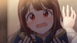  2girls blush brown_hair commentary_request embarrassed epaulettes etoile_brilliant_(idolmaster) highres idolmaster idolmaster_million_live! idolmaster_million_live!_theater_days kabedon kitazawa_shiho liselsia long_hair multiple_girls official_alternate_costume open_mouth portrait pov pov_hands raised_inner_eyebrows red_eyes solo_focus tanaka_kotoha 