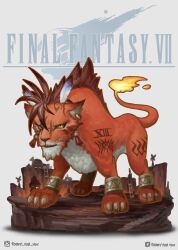  1boy artist_name bangle body_markings bracelet chibi claws copyright_logo copyright_name earrings english_commentary facebook_logo facebook_username facial_mark feather_hair_ornament feathers fiery_tail final_fantasy final_fantasy_vii final_fantasy_vii_remake fire furry furry_male hair_ornament highres instagram_logo instagram_username jewelry logo mane red_fur red_hair red_xiii roman_numeral scar scar_across_eye scar_on_face single_earring tail toony_for_you white_background 