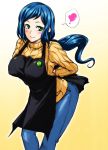  1girl apron badge blue_hair blush breasts green_eyes gundam gundam_build_fighters hagane_soushi heart highres iori_rinko large_breasts long_hair looking_at_viewer ponytail ribbed_sweater simple_background smile solo sweater turtleneck turtleneck_sweater very_long_hair 