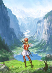  1girl animal black_boots blonde_hair blue_sky boots bow_(music) bug butterfly canyon cliff commentary_request contrapposto day facing_away feathers from_behind full_body hat highres holding holding_bow_(music) holding_instrument instrument lake landscape long_hair long_sleeves meadow mountain mountainous_horizon nature original outdoors pantyhose playing_instrument ponytail rabbit red_hat red_pantyhose red_vest scenery shako_cap shiki_makoto shirt simple_bird skirt sky solo standing tree vest violin white_shirt white_skirt 