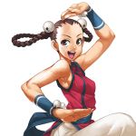  1girl bell bracer braid brown_eyes bust chinese_clothes hair_bell hair_ornament hair_rings king_of_fighters king_of_fighters_xi li_xiangfei open_mouth sash small_breasts solo standing_on_one_leg takoyaki_neko-san twin_braids 