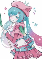  1girl beret blue_eyes blue_hair commentary duplicate fortnite hat hatsune_miku headset highres hood hoodie megaphone neko_hatsune_miku ria_art spring_onion tongue tongue_out twintails vocaloid 
