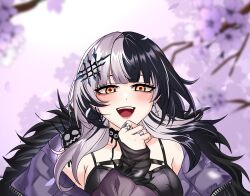  1girl absurdres black_dress black_hair branch coat cross cross_earrings dress earrings falling_petals fur-trimmed_coat fur_trim grey_hair highres hololive hololive_english jewelry light_blush long_hair looking_at_viewer multicolored_hair open_mouth petals purple_coat ring shiori_novella shiori_novella_(1st_costume) shirohodo solo split-color_hair virtual_youtuber yellow_eyes yorick_(shiori_novella) 