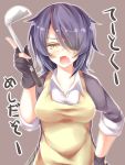  1girl apron blush eyepatch fang fingerless_gloves gloves hand_on_hip headwear_removed highres hiiragi_yashiro kantai_collection ladle open_mouth personification purple_hair short_hair solo tenryuu_(kantai_collection) yellow_eyes 