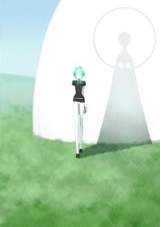  1other androgynous aqua_eyes aqua_hair arms_behind_back black_necktie black_shirt black_shorts blue_sky clipboard collared_shirt commentary_request crystal_hair day different_shadow gem_uniform_(houseki_no_kuni) glowing glowing_hair grass highres holding holding_clipboard houseki_no_kuni necktie other_focus outdoors phosphophyllite phosphophyllite_(10000) poster_parody refraction shiitake_(siiiitk) shirt short_hair short_shorts short_sleeves shorts sky solo spoilers standing star_wars star_wars:_the_phantom_menace white_shirt 