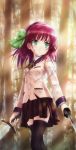  1girl angel_beats! dual_wielding green_eyes headband highres pink_hair ribbon school_uniform short_hair solo sword thighhighs weapon yuri_(angel_beats!) 