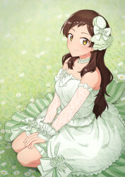  1girl belle_macherie_(idolmaster) bow breasts brown_hair choker closed_mouth collarbone commentary_request day detached_sleeves dress flower frilled_choker frills from_side grass green_bow green_choker green_dress green_hat hair_bow hat highres idolmaster idolmaster_million_live! idolmaster_million_live!_theater_days kitazawa_shiho lace lace_sleeves light_blush liselsia long_hair looking_at_viewer official_alternate_costume outdoors seiza sitting smile solo strapless strapless_dress white_flower yellow_eyes 