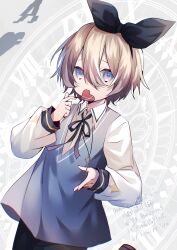  1boy absurdres ace_(playing_card) ace_of_hearts alice's_adventures_in_wonderland alice_(alice_in_wonderland) alice_(alice_in_wonderland)_(cosplay) black_bow black_hairband black_pants blonde_hair blue_eyes blue_vest bow bow_hairband brown_hair card clock collared_shirt cosplay hairband heart highres komiya_shuu long_sleeves male_focus multicolored_hair original pants playing_card shirt short_hair solo vest white_shirt 