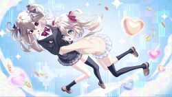  2girls arissamuhoshi asymmetrical_legwear badge balloon black_cardigan black_skirt black_socks black_thighhighs blue_eyes blue_sailor_collar blue_skirt bow bowtie broken_heart broken_heart_hair_ornament brown_hair brown_shoes button_badge cardigan collared_shirt commentary cookie dress_shirt evil_neuro-sama evil_neuro-sama_(1st_costume) floating_hair food from_side full_body hair_between_eyes hair_ornament hair_ribbon heart heart_balloon heart_hair_ornament highres hug loafers long_hair long_sleeves miniskirt multiple_girls neuro-sama neuro-sama_(1st_costume) off-shoulder_shirt off_shoulder open_mouth pleated_skirt red_bow red_bowtie red_eyes red_ribbon ribbon sailor_collar shirt shoes siblings single_sock single_thighhigh sisters skirt socks thigh-highs torn_bowtie torn_hair_ribbon twins two_side_up uneven_legwear untranslatable_commentary vedal_ai virtual_youtuber white_shirt yellow_cardigan 