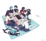  6+boys anger_vein apron bag bandages barefoot belt black_hair blonde_hair blue_hair blush bracelet brown_hair chopsticks clear_(dramatical_murder) closed_eyes cube cup cushion dramatical_murder duffel_bag eye_contact fighting food grill hair_over_one_eye hat indian_style jacket jacket_removed japanese_clothes jellyfish jewelry koujaku long_hair looking_at_another meat mink_(dramatical_murder) mole monoxi multiple_boys necklace noiz_(dramatical_murder) plate ren_(dramatical_murder) rice scarf scissors seragaki_aoba single_sleeve sitting sleeping studded_bracelet table tassel translation_request white_background yellow_eyes 