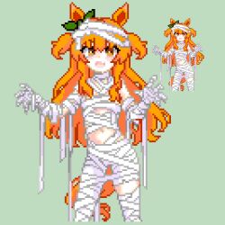  1girl animal_ears blue_archive blush hair_between_eyes horse_ears horse_girl horse_tail keykey117117 long_hair looking_at_viewer lowres mayano_top_gun_(umamusume) mummy_costume navel open_mouth orange_eyes orange_hair pixel_art simple_background smile solo tail two_side_up umamusume 